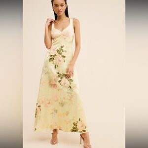 Geisha Designs Anthropologie Silk Floral Maxi Dress in Cream and Green